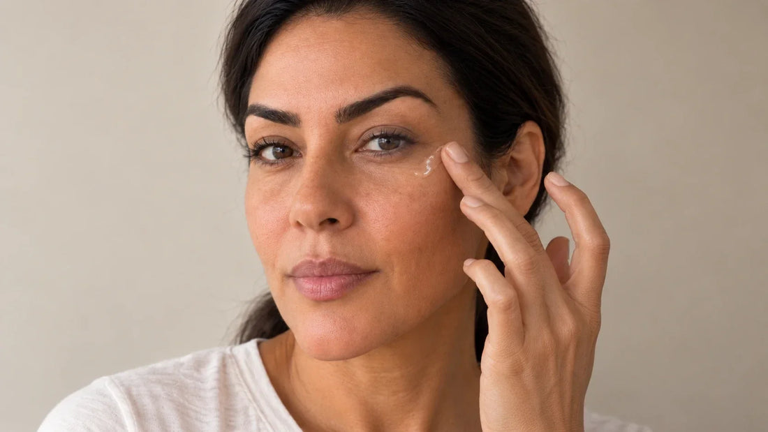 Femme appliquant une goutte de sérum du bout du doigt sur le contour de l'œil, geste précis, lumière naturelle