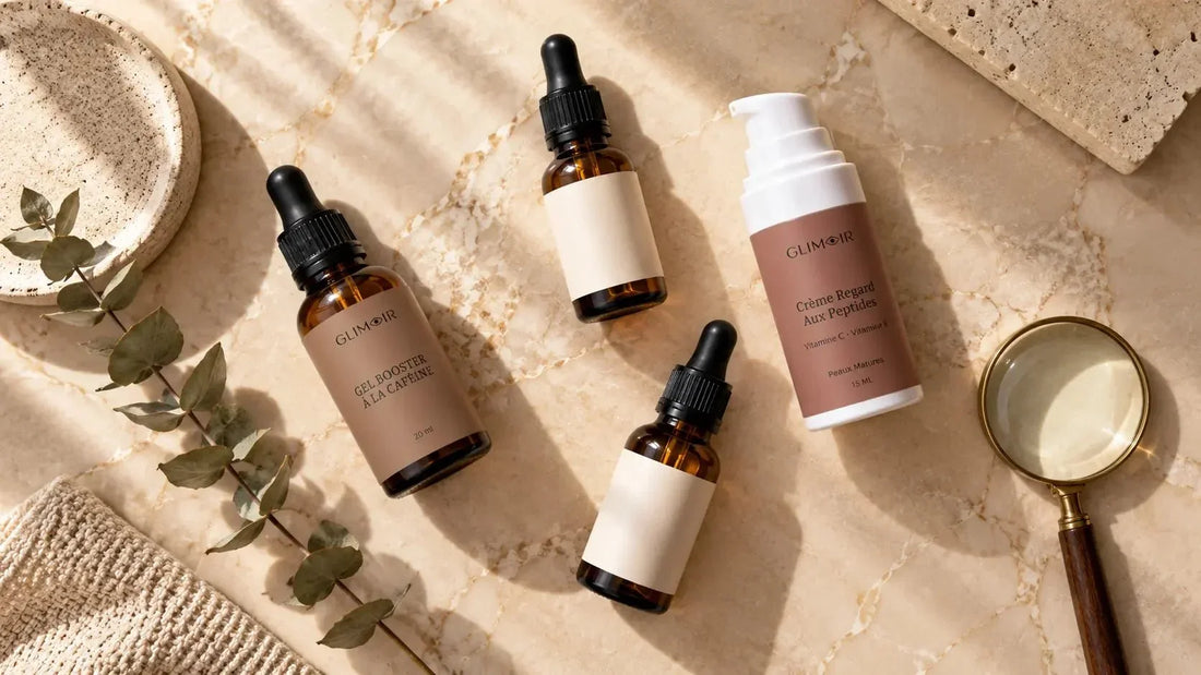 Vue du dessus de plusieurs soins contour des yeux Glimoir sur marbre beige, flacons compte-gouttes et pompe, mise en scène comparative avec loupe
