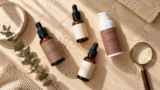 Vue du dessus de plusieurs soins contour des yeux Glimoir sur marbre beige, flacons compte-gouttes et pompe, mise en scène comparative avec loupe