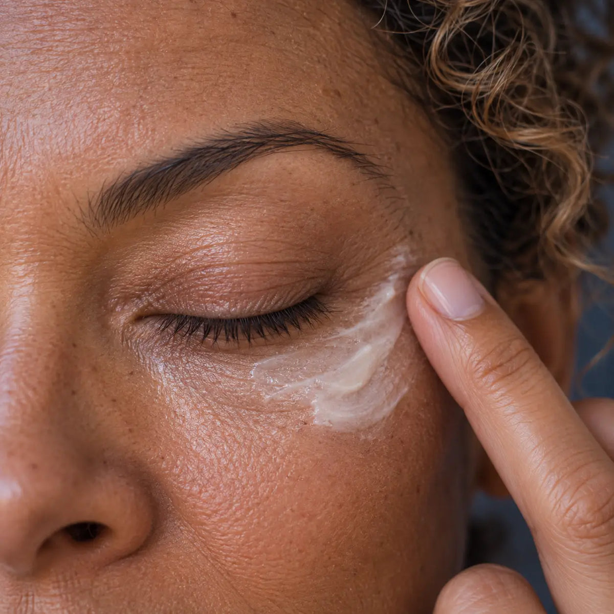Crème Apaisante Glimoir tapotée à l'annulaire sur le contour de l'œil jusqu'à absorption, peau nourrie et apaisée