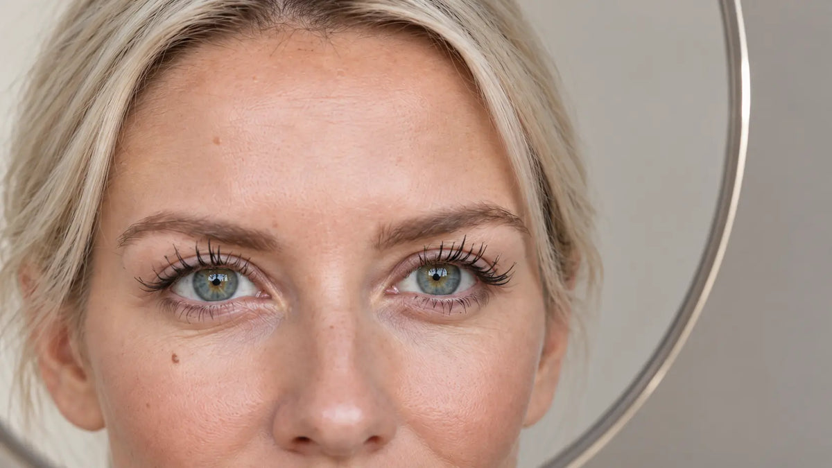 Reflet du regard d’une femme blonde dans un miroir rond, avec les contours des yeux visibles en gros plan.
