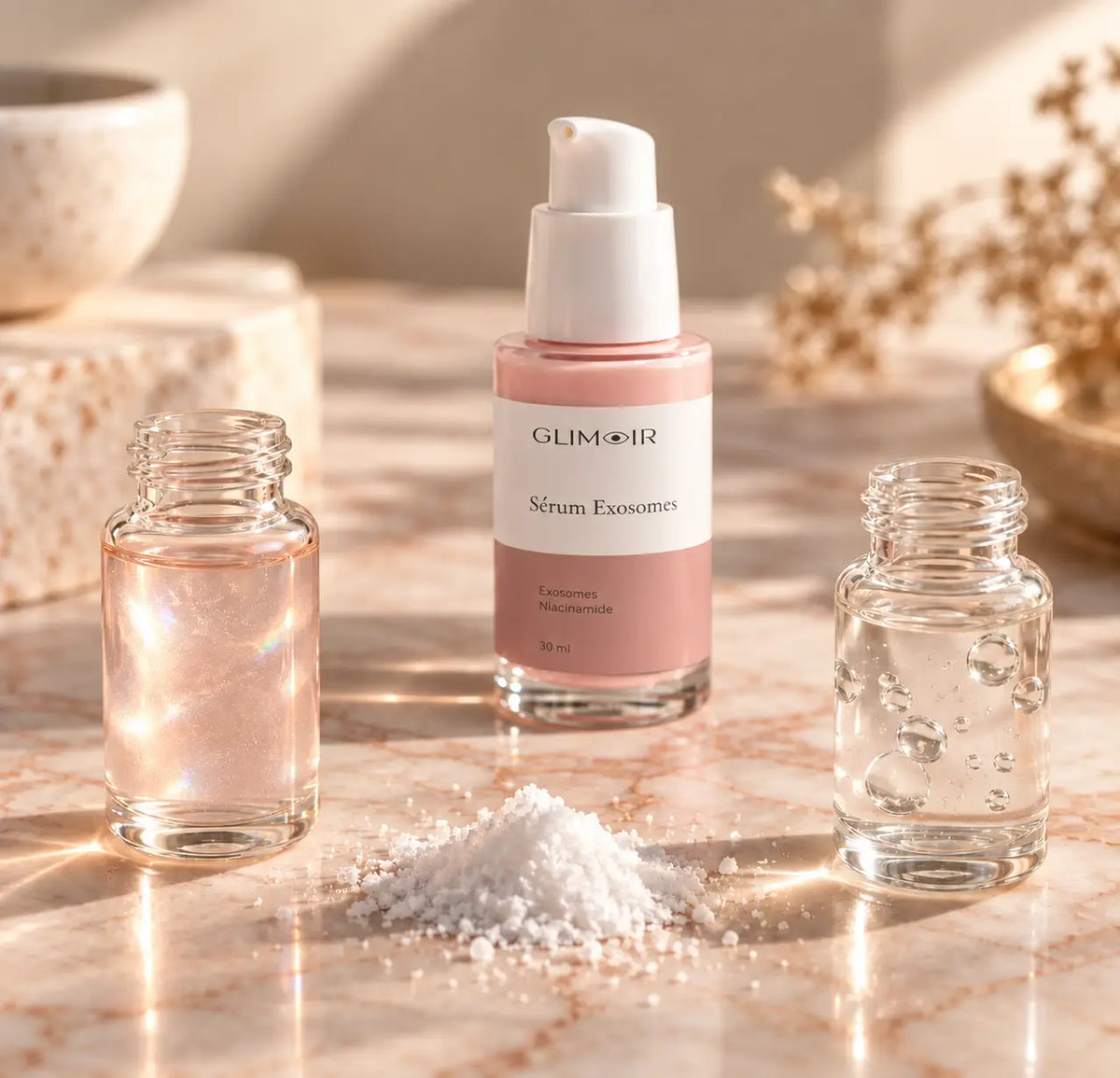 shooting close-up ingrédients sérum exosomes & niacinamide - Glimoir