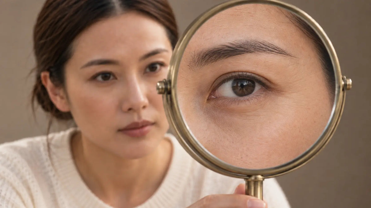 Femme examinant son contour des yeux dans un miroir grossissant : faites le diagnostic de votre regard avec Glimoir
