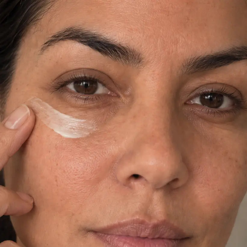 Regard d'une femme avec un trait de crème contour des yeux sous l'œil, Glimoir spécialiste du regard