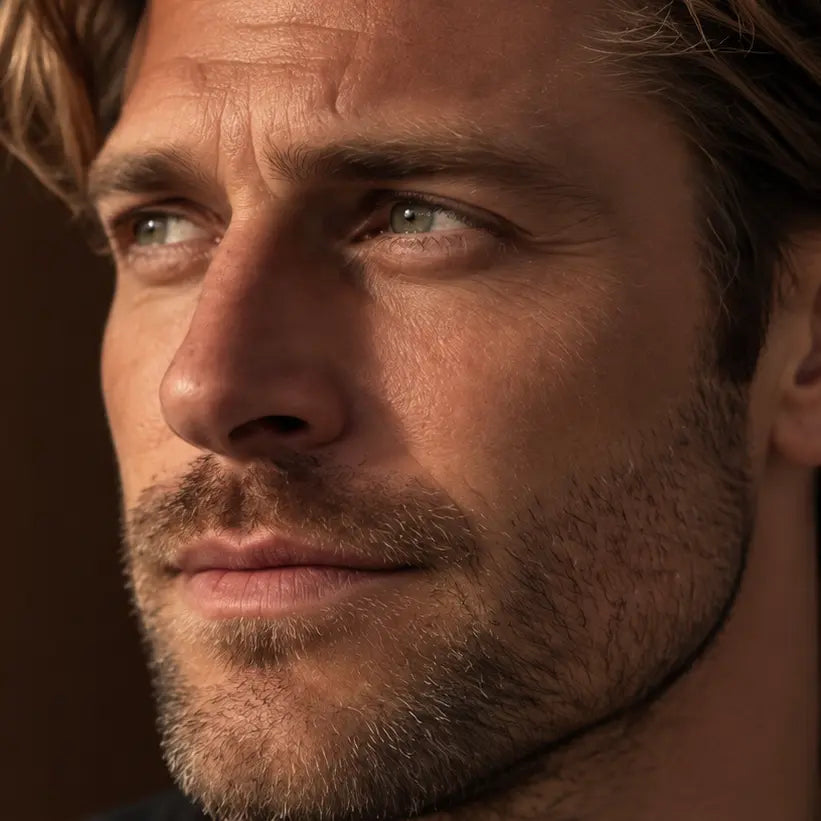 Regard d'un homme dans un clair-obscur, soins contour des yeux homme Glimoir