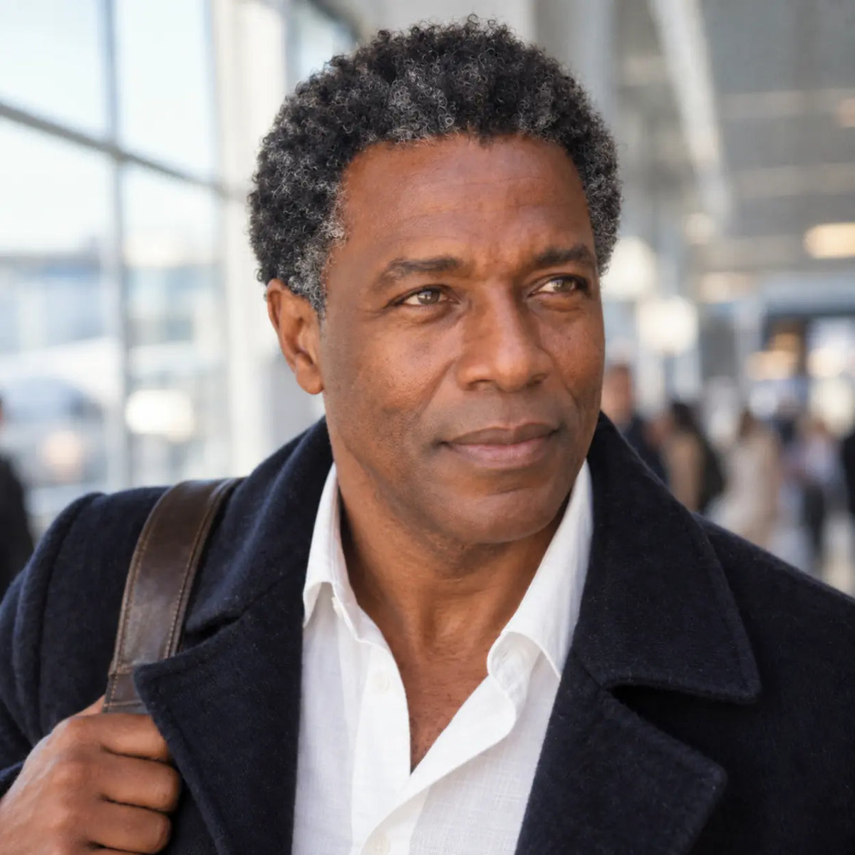 Homme au regard reposé à la sortie de l'aéroport, après les Patchs Anti-Fatigue Homme Glimoir, prêt pour la journée