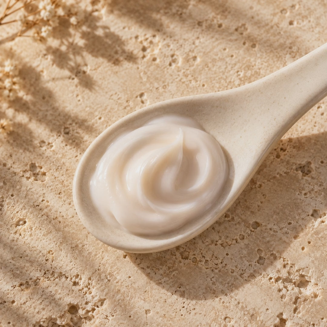 Texture de la Crème Lissante Glimoir, doigt qui lisse le swirl de crème sur une cuillère