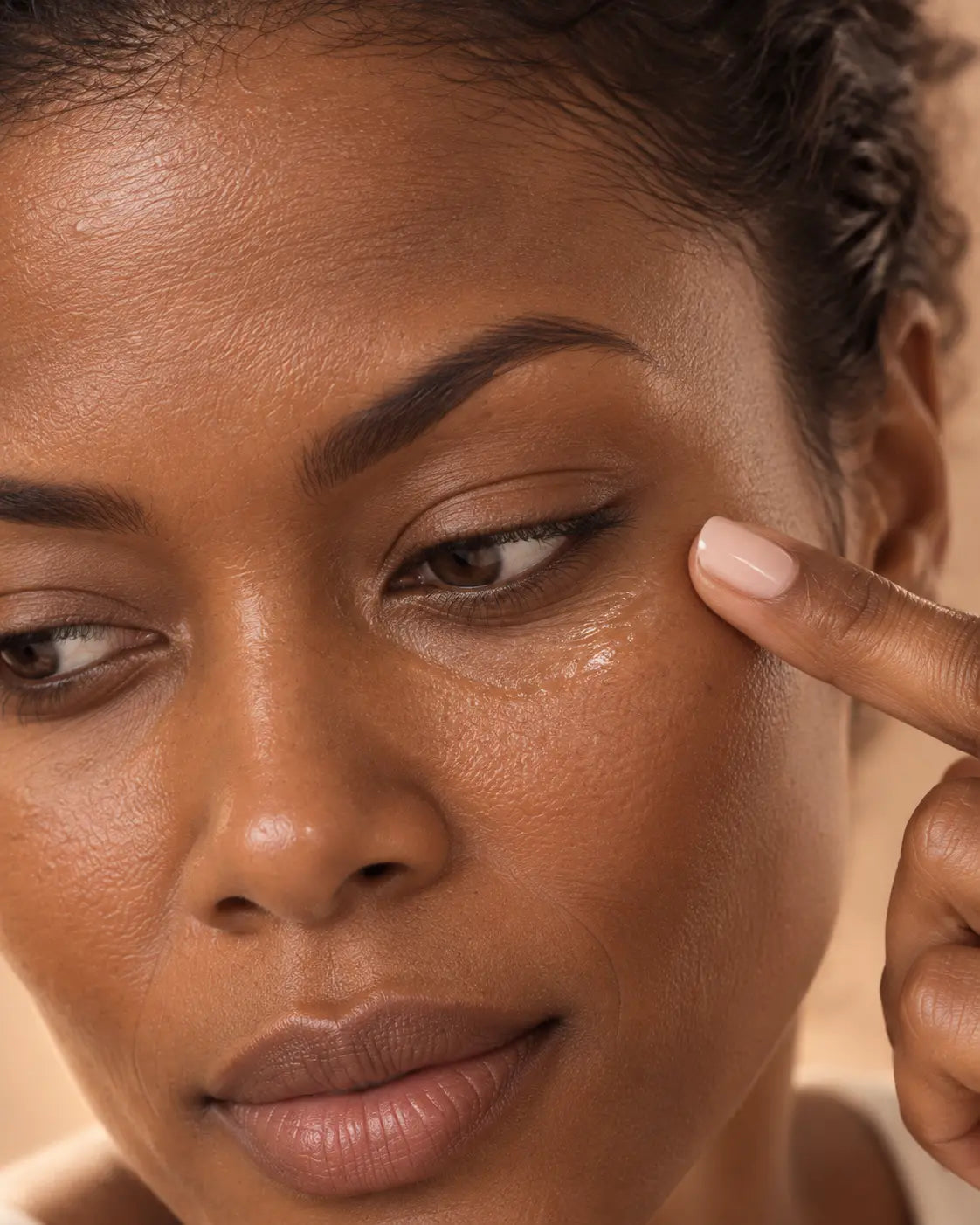 Femme appliquant un geste drainant contour des yeux, routine Anti-Fatigue Glimoir