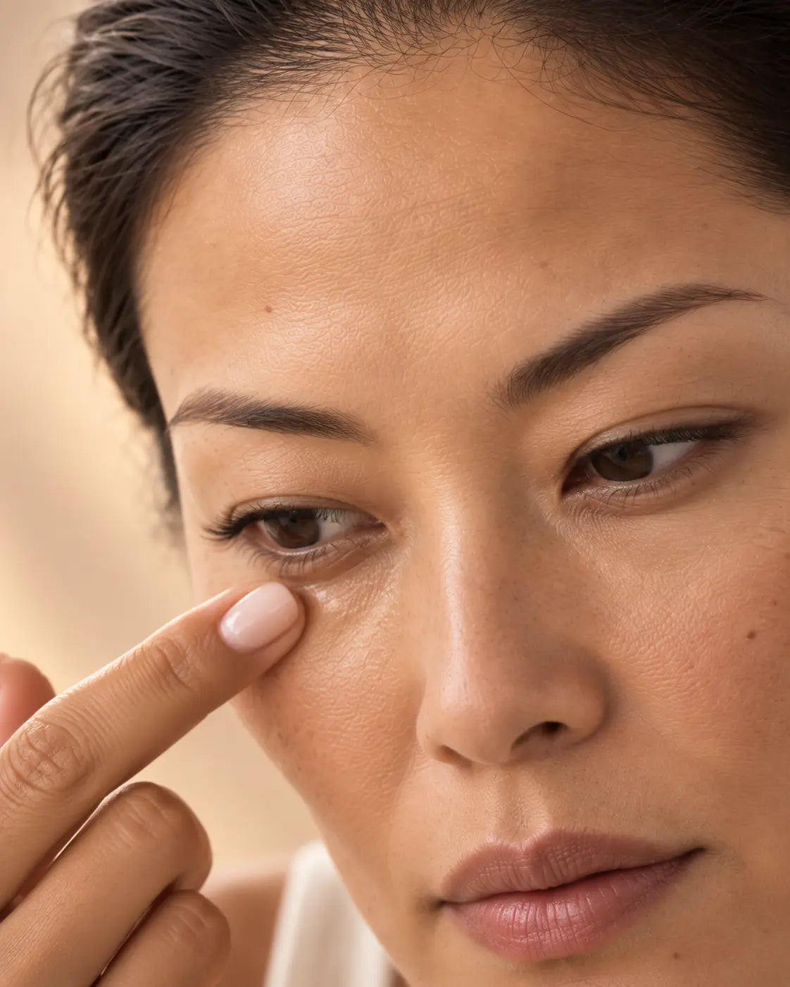 Femme appliquant un soin éclat sur le contour des yeux, routine Éclat et Peau Sensible Glimoir